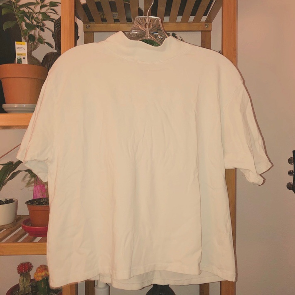White crew neck shirt: brandy